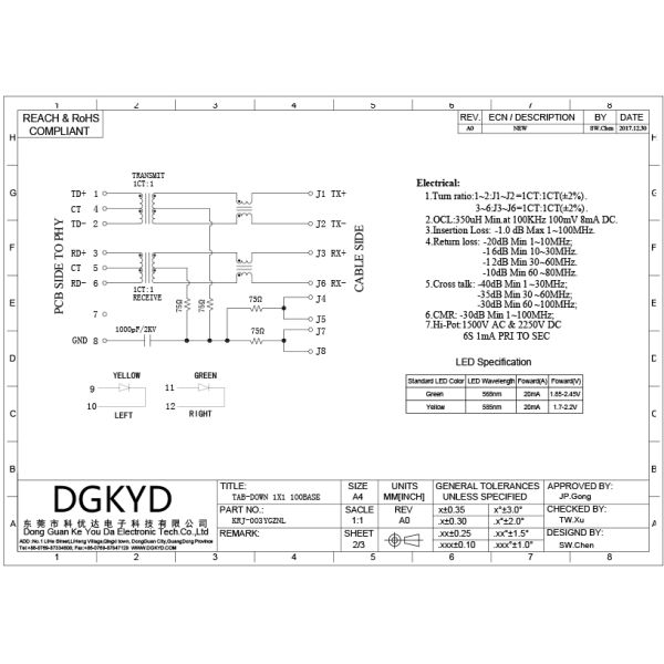KRJ-003YGZNL защищало соединитель локальных сетей Cat5 Rj45 с СИД трансформатора Y/G