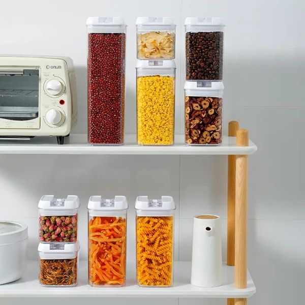 9 Pcs Set Stackable Transparent Pantry Airtight Cereal Dry Food Plastic Storage Containers with White Lid
