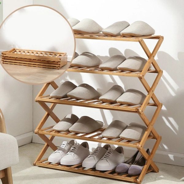 Foldable Wooden Bamboo Panel Shoe Rack Furniture 3 Tier