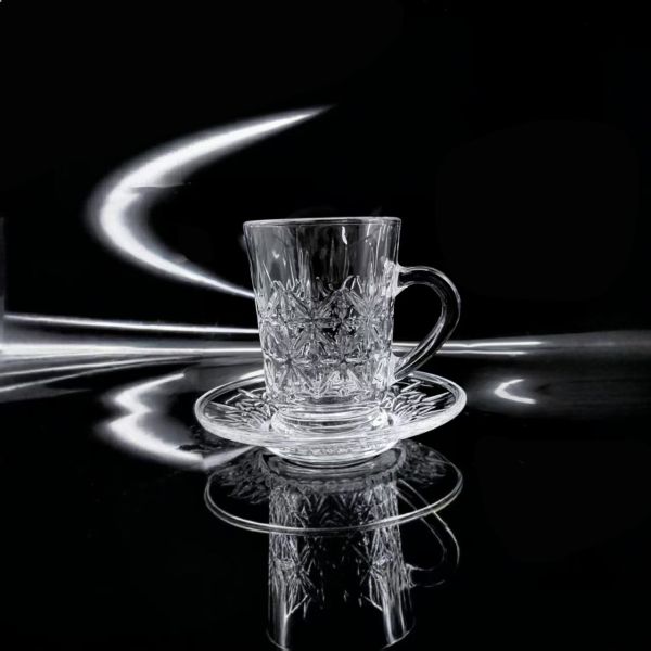 Star Diamond Cut Recyclable Glass Cup & Saucer Set 6 Matching Tea Mugs with Saucers