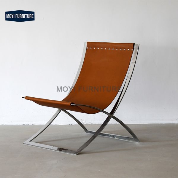 Living Room Chair MOYI Nordic Minimalist Single Chair Metal Armrest Leisure Office Genuine Leather Comfortable Seating