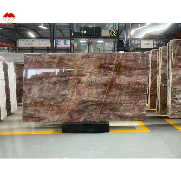 Translucent Blood-Orange Red Onyx Stone with White Veins CNF Red Wood Veins Marble Wall Panel