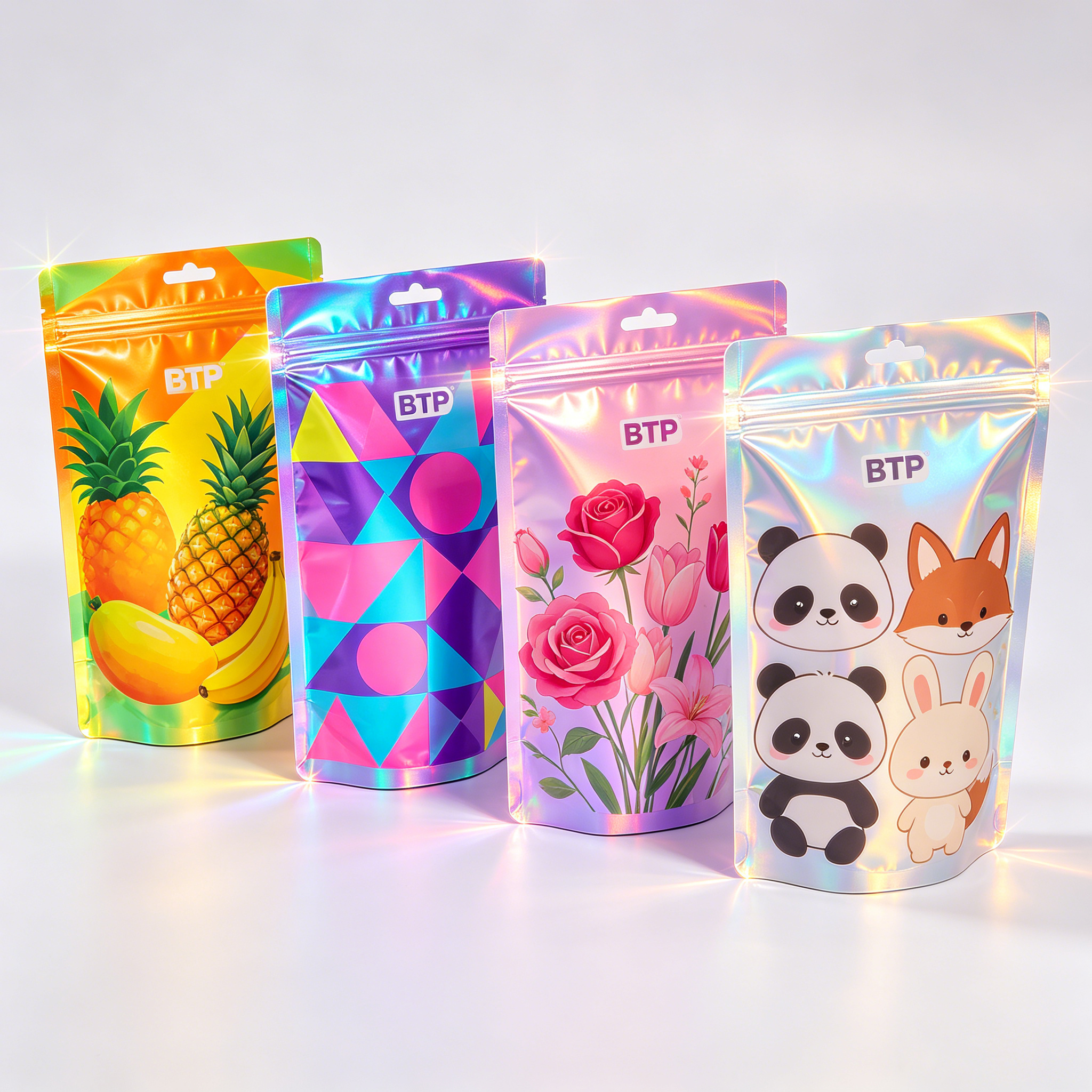 Custom Holographic Stand Up Ziplock Food Packaging Bags Low MOQ 100 For Snack