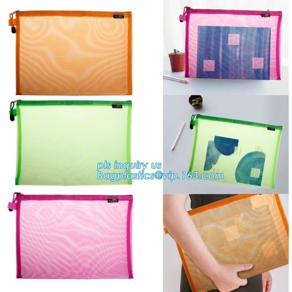 OEM mesh plastic A4 file bag with zipper, net netting document bag pouch, customized PEVA coated net polyester fabric fo