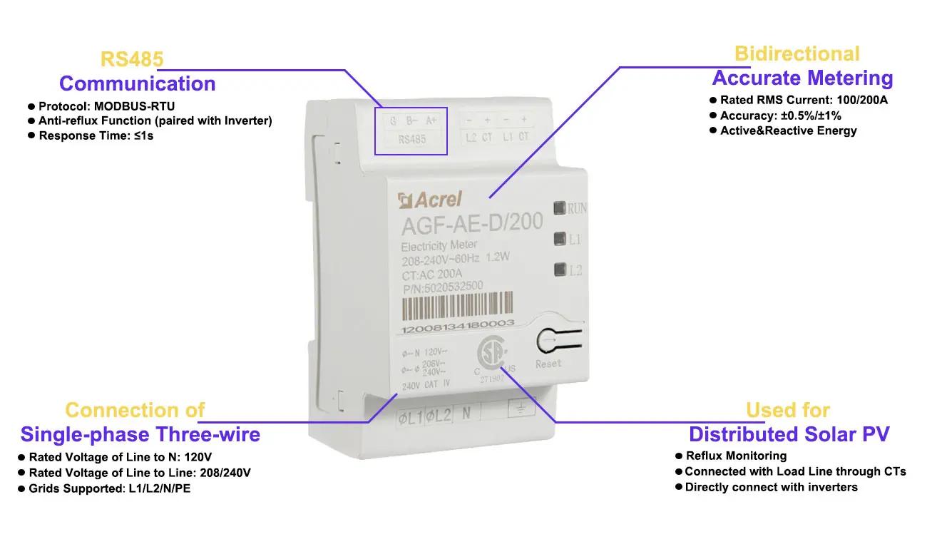 Acrel AGF-AE-D/200 Энергометры Din Rail однофазные провода с сертификацией UL