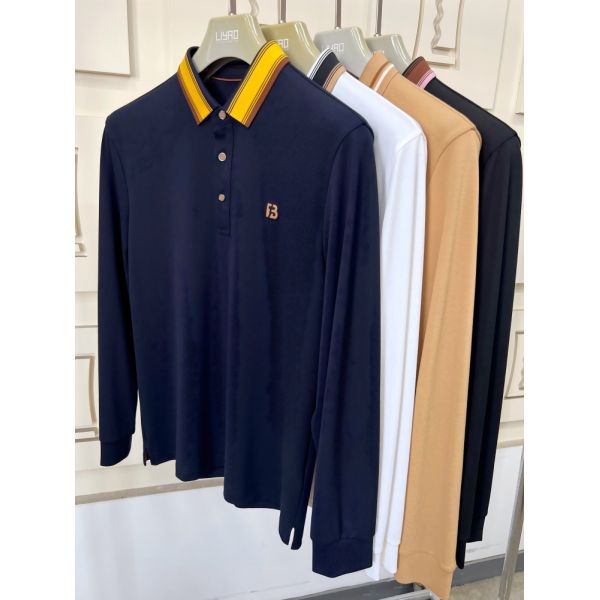 Luxury Men Long Sleeve Polo Shirts with Contrast Collar Classic Design Embroidered Logo, Multiple Colors for Business & Casual