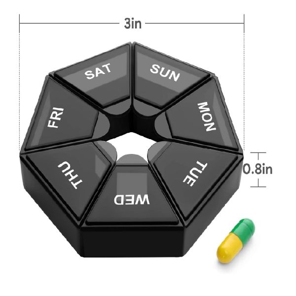 Bolsa de alta calidad Cuadro de organizador de mes Cajas de contenedores Organizadores 7 días Bolso de medicina diferente Caja de píldoras de plástico Negro