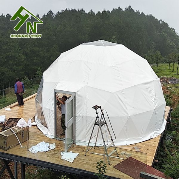 White PVC Cover Steel Frame Geodesic Dome Tent With Bathroom Diameter 6m