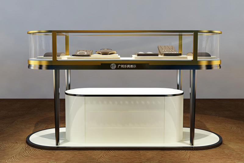 Oval Gold Glass Jewellery Display Cabinet Island 360deg Tabletop Cases Integrated