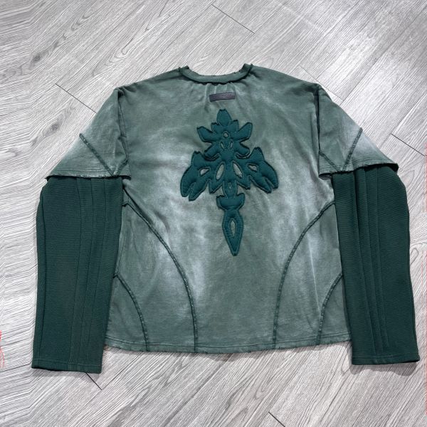 Custom Applique Embroidery Acid Washed Vintage Distressed Boxy Fit Oversized Double Layer Waffle Sleeve Tee Long Sleeve T Shirt