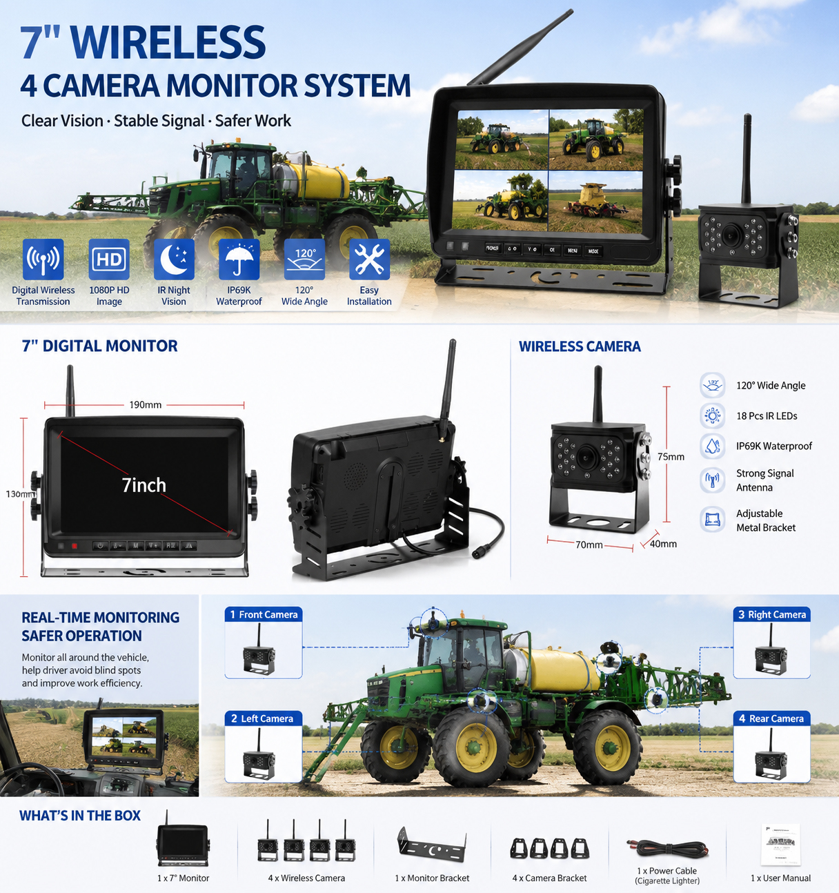 7 Inch Wireless Rear View Camera Monitor System for Agricultural Machinery Tractor Combine Harvester Blind Spot Monitoring