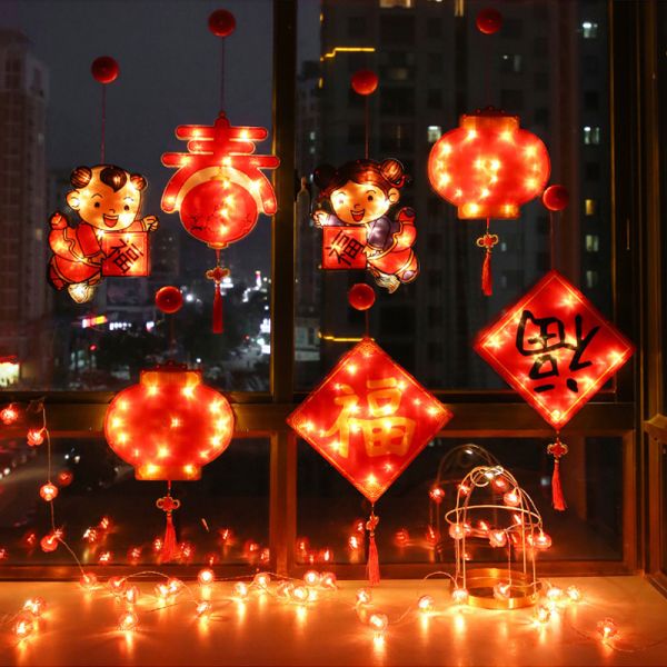 2022 Spring Festival Led Hanging Lights Interface Window Cup Suction Lantern Light Happy Chinese New Year Decorations