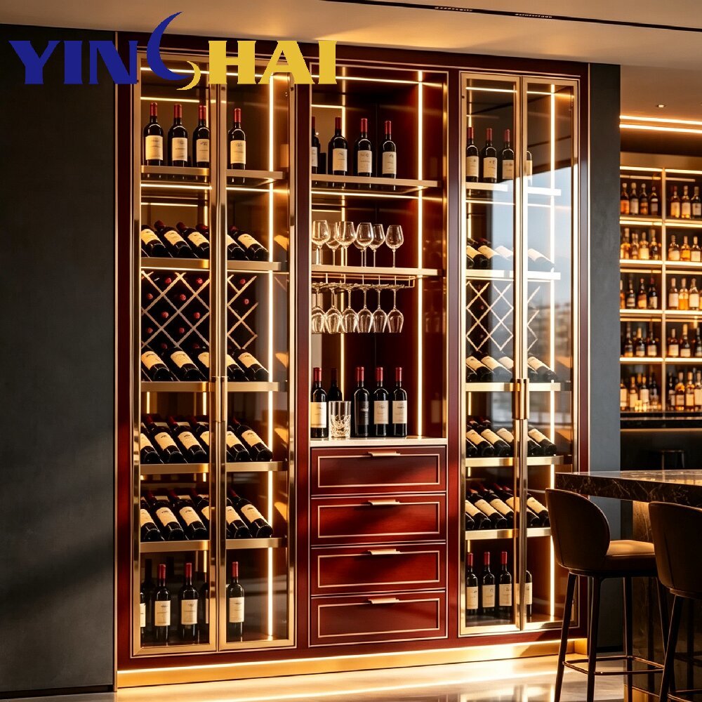 Custom Stainless Steel Normal Temperature Glass Wine Cabinet With LED Lighting