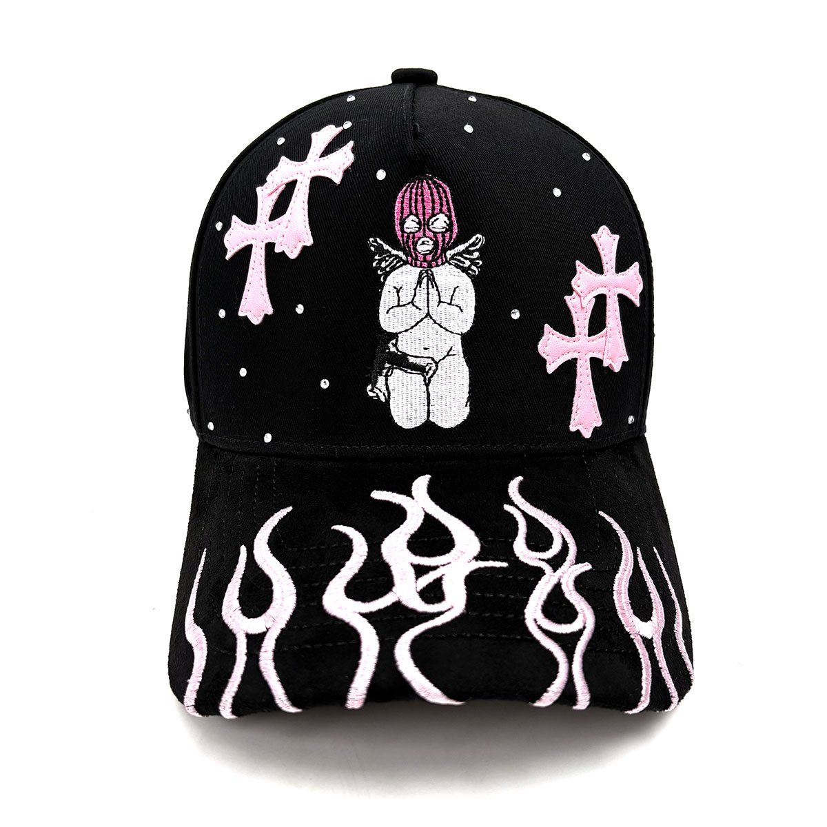 Dragon Ball Hat Gorra Embroider PU Crosses Patch Gamuza Visor Bling Rhinestone Fire Flames On Suede Brim White Shiny