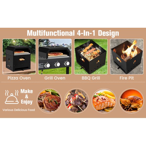 Cuisinier à pizzas en acier 4 en 1 avec deux couches de charbon de bois de chauffage et de pierre de pizza