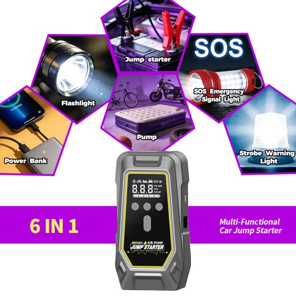 8000mAh Battery Capacity 150 PSI Air Compressor Car Jump Starter with Multiple LED Lighting Modes and Portable Power Bank