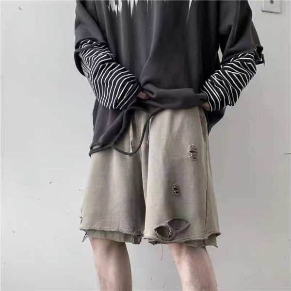 Drawstring Sweat Shorts Distressed Acid Wash Shorts Summer Pant Vintage Cotton Terry Mens Shorts