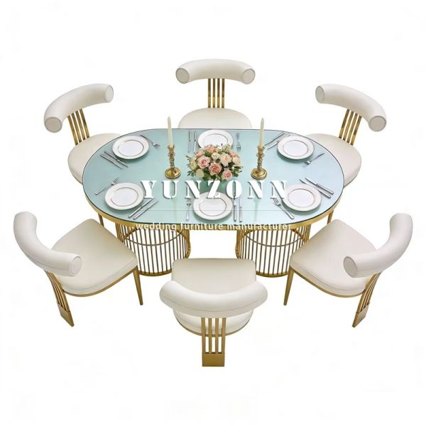 Luxury Stainless Steel Restaurant Banquet Party Modern Dining Wedding Tempered Glass Durable Table