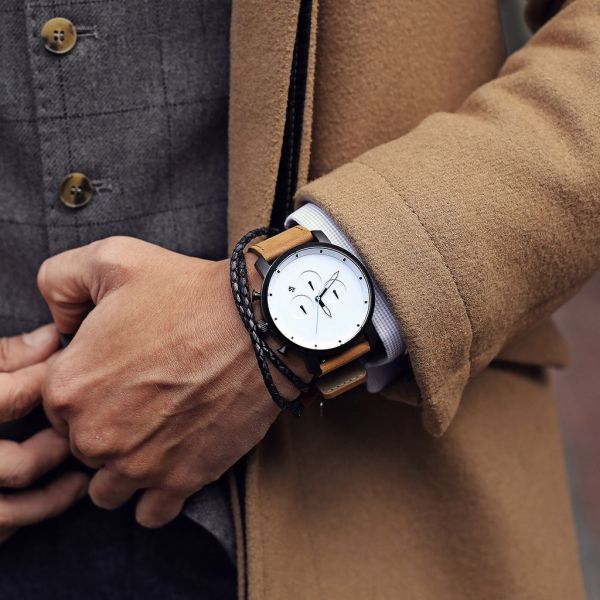Tan leather strap 5atm water proof quartz stainless steel back watch