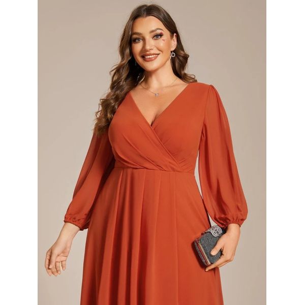 Elegant Empire Long Sleeve V-neck High Low A-line Ruffled Midi Burnt Orange Chiffon Wedding Guest Cocktail Dress