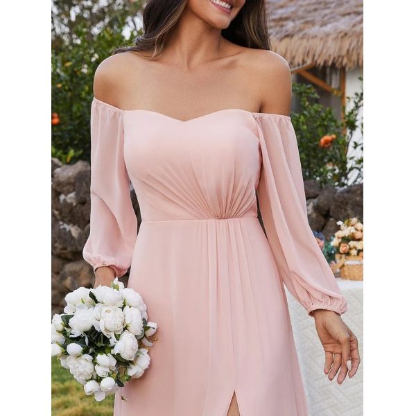 Plus Size Ruffled Long Sleeve High Slit Off-shoulder High Slit Pink Chiffon Bridesmaid Dresses