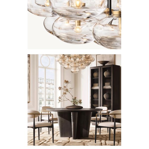 JYLIGHTING Modern Contemporary Bubble Glass Pendant Chandelier, Brushed Brass Circular Frame Hanging Lamp for Hotel Lobby & High-End Restaurant