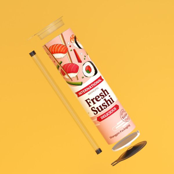 Customized LOGO food grade material sushi cylinder round paper box with sauce pouring tube