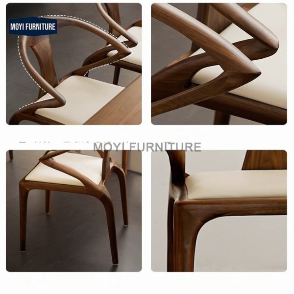 Home Furniture Nordic Commercial Modern Solid Wood Frame Leather Upholstered Wooden Legs Brown Luxury Wicker Back Dining Chairs with Armrest