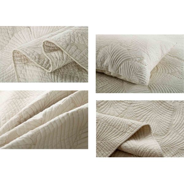 Country Style Leaf Twin Size Quilt , 3Pcs 100% Cotton White Embroidered Quilt