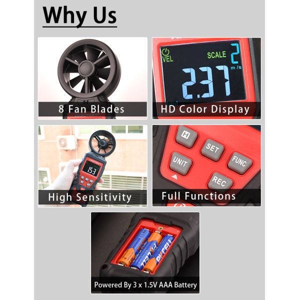 Ветромер HT625A Handheld цифров, Handheld метр скорости ветра