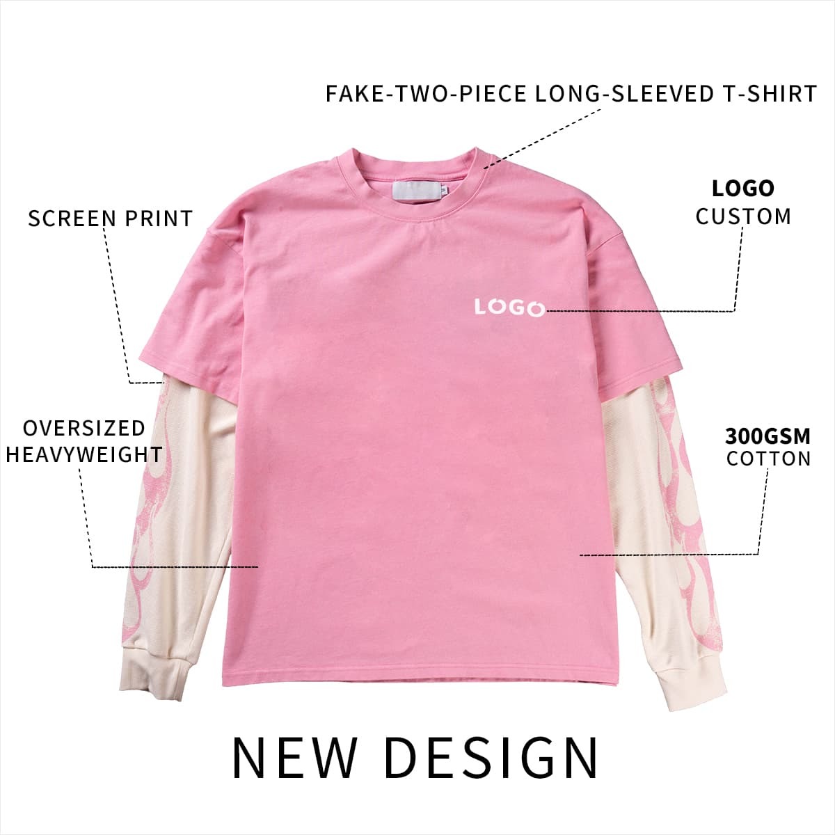 Custom Oversized Fake Two-Piece Long Sleeve T-Shirt with Sleeve Print