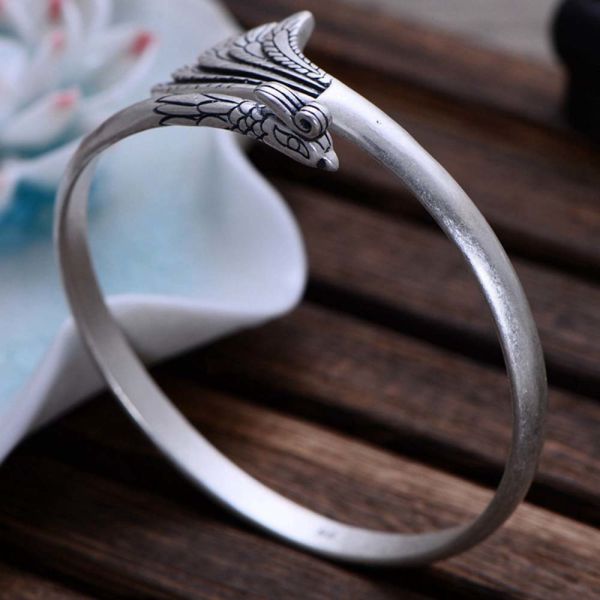 Handcraft Engraved Peafowl Design Sterling Silver Cuff Bracelet for Women (000020)