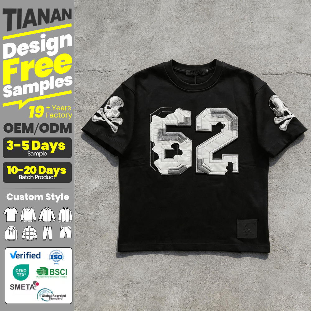 Tianan Men s Clothing Custom Oversize T Shirt Camo Patch Embroidery Vintage Street Summer Heavyweight High Quality Tshirt