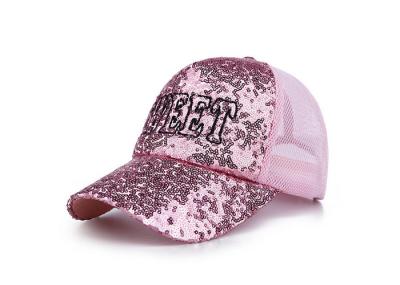 Sequins Pink Mesh Back Snapback Hats , Mesh Ladies Baseball Caps 100% Cotton Mesh Net