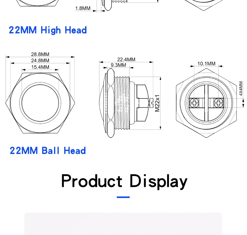 22mm Metal Push Button Switch Screw Foot Welding Foot 2 Pin High Head Flat Head Ball Head Momentary Push Button Switch