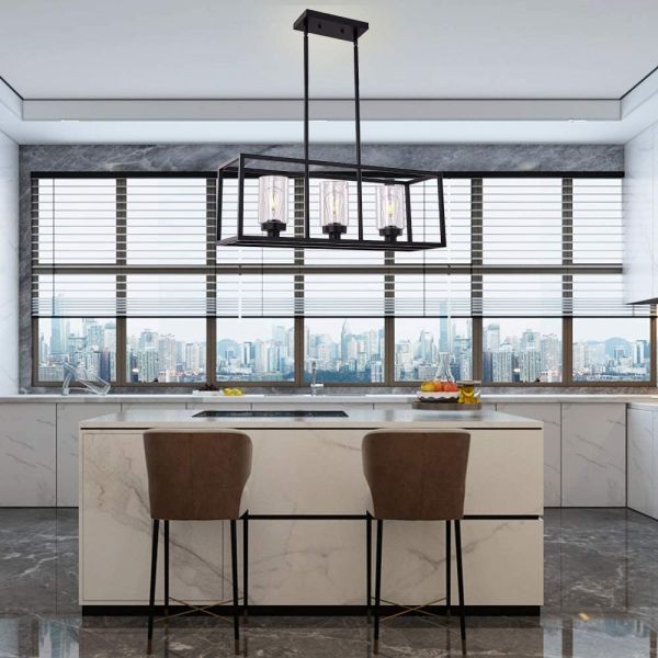 American rectangular wrought iron chandelier dining room kitchen bar glass lighting(WH-CI-160)