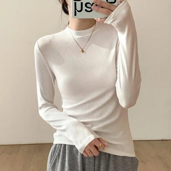                  2023 Long-Sleeved Tight T-Shirt Spring and Autumn Thread Cotton Solid Color Suit Inside Take Half High Neck Women′s Top T-Shirt             