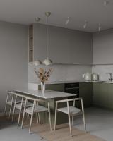 L Shaped White And Green Kitchen Cabinets Modern PET Kitchen System Tailored