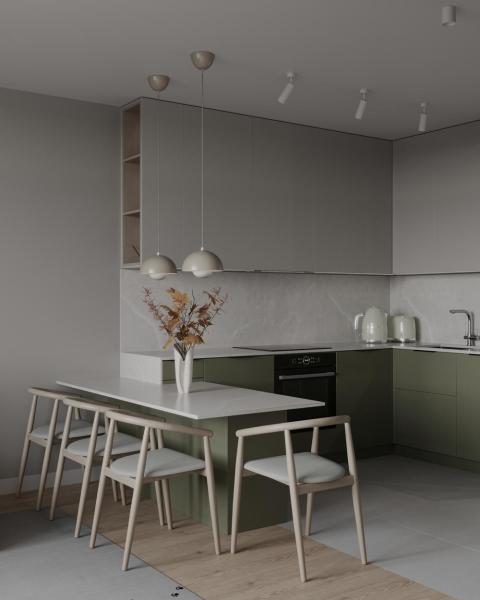 Armário de cozinha minimalista elegante Chic cinza com móveis de cozinha verde