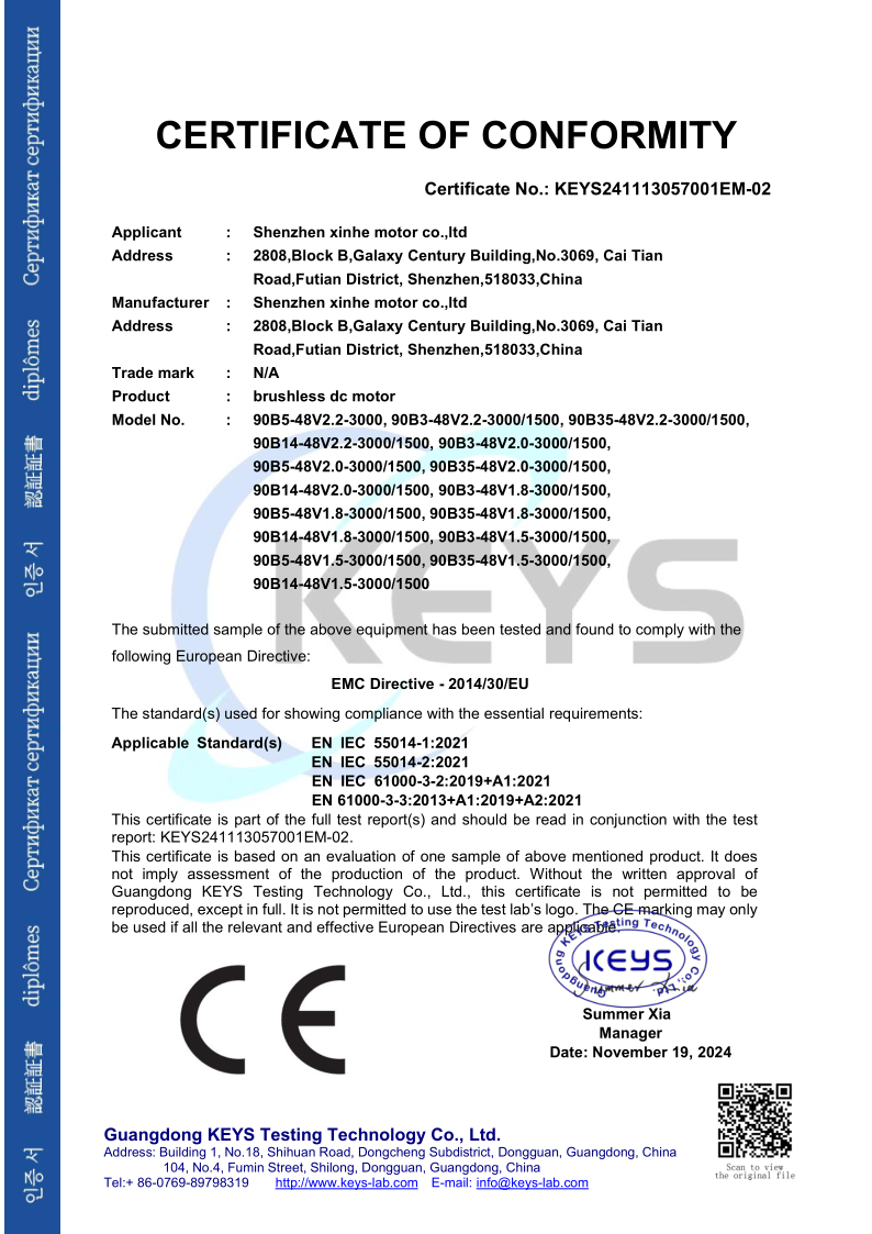 Shenzhen Xinhe Motor Co., Ltd. Certifications