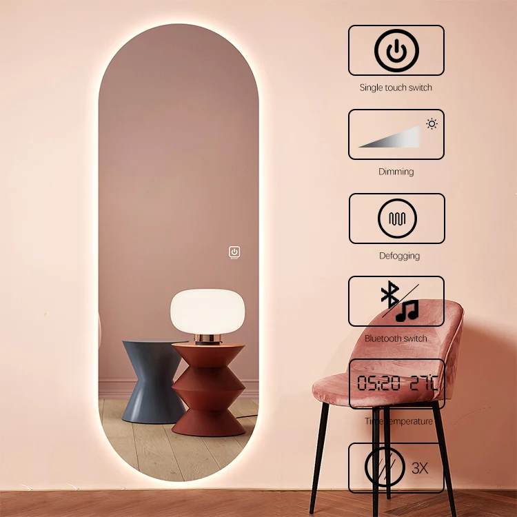 Full Length Arch Bathroom Mirror Edge Frameless Anti Fog Lighted Dressing Mirror