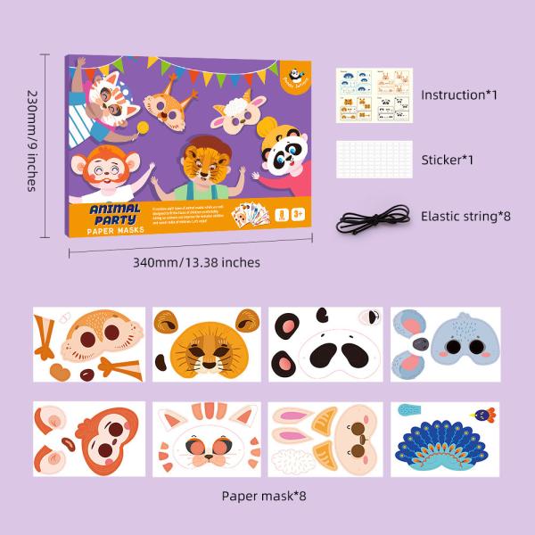 Kids 8 Different Patterned Animal Paper Masks for Hand On Skills And Creativity