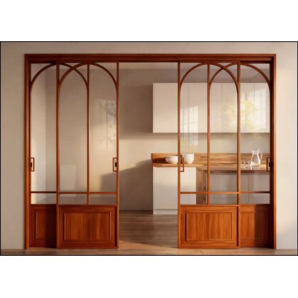 French Retro Walnut Wood Triple Sliding Door with Titanium-Magnesium Alloy Frame