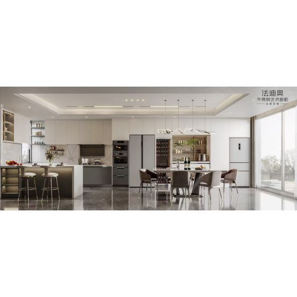 Fadior製フルステンレススチールカスタムキッチンキャビネット - モダンミニマリストホワイト統合レイアウト、プレミアム収納とハードウェア