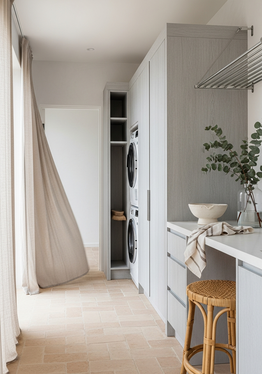 Whitewashed Ash Laundry Cabinet with Drying Rack in 304 Stainless Steel