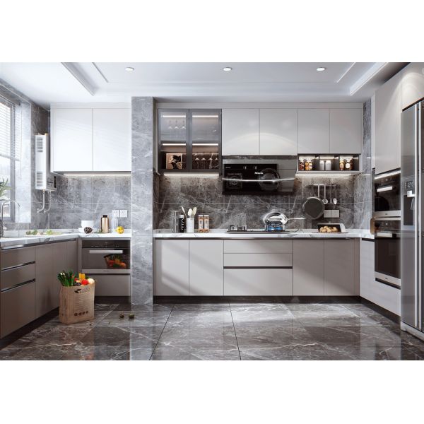 Modern White Marble Kitchen Cabinet With Solid Wood Doors