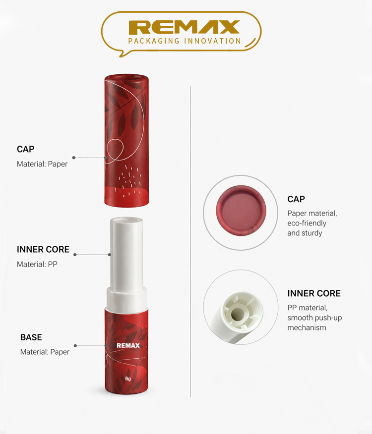 Custom Logo 6g Paper Lipstick Tube Eco-Friendly Empty Container Recyclable Cosmetic Packaging for Lip Balm