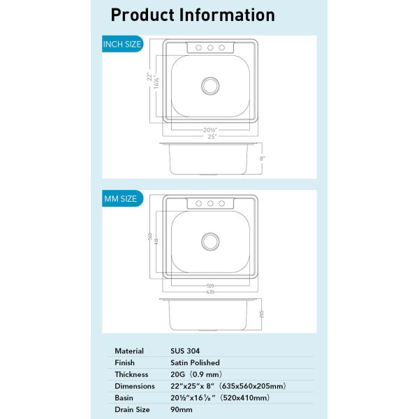 Top Mount SUS304 Single Bowl Drop In Kitchen Sink 20 Gauge With Satin Polished Finish