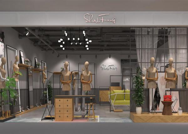 Modern Women's Dressing Clothing Store Display Fixtures Iron And Wood Material