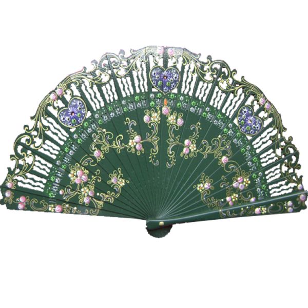 Round Head Flower Shape Carving Design Wood Hand Held Fan Hand Painted Spanish Fan